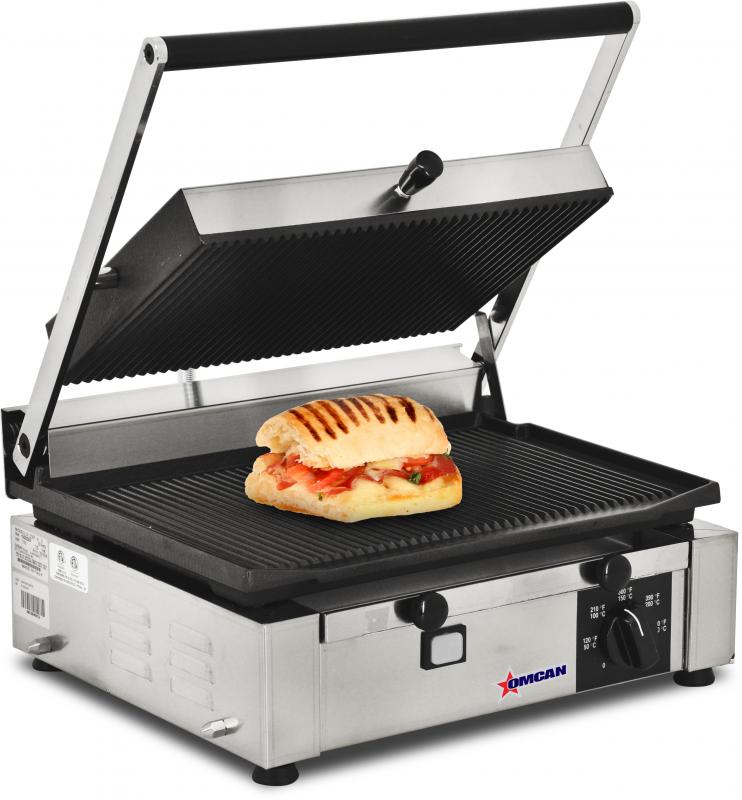 Elite Series 10" x 14" Single Panini Grill with Top and Bottom Grooved  Grill Surface